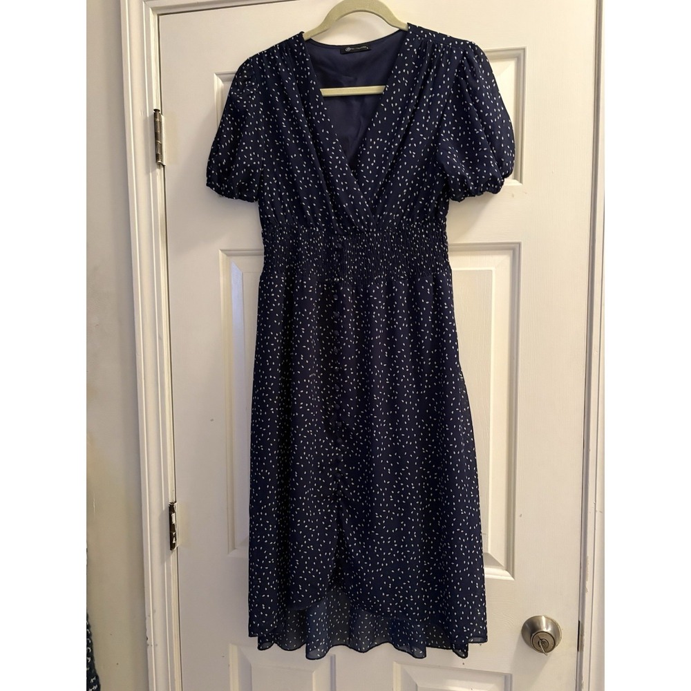 Prettygarden Navy Blue Polka Dot Wrap Midi Dress V-Neck & Ruffled Hem  Sz Small